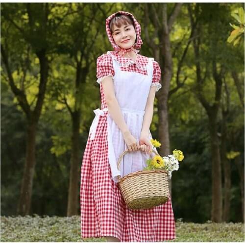 Lolita Cute Dress Pink Maid Outfit American country farm plaid dress French manor maid