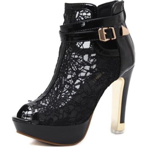 Fashion Peep Toe Sandals Sexy Women Platform Pumps Lace Mesh Thick High Heels Shoes Ankle boot Summer Sand 698