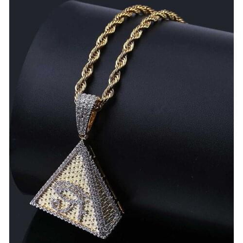 Hip Hop Micro Paved AAA+ Cubic Zirconia Iced Out Bling Gold Horus Eye Pyramid Pendants Necklace for Men Rapper Jewelry