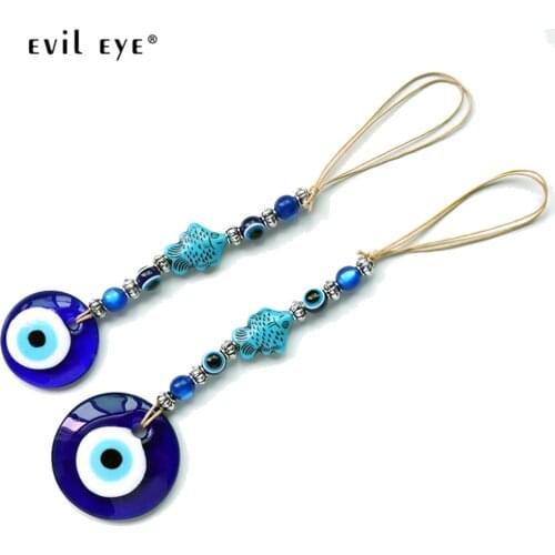 EVIL EYE Fish Charm Blue Turkish Eye Bead Pendant Wall Hanging Rope Chain Handmade Decoration for Home Living Room Car LE593