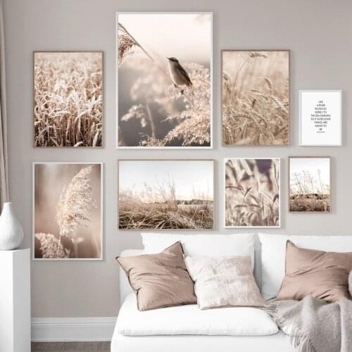 Autumn Reed Wheat Dried Grass Bird Brown Nordic Posters And Prints Wall Art Canvas Painting Wall Pictures For Living Room Decor