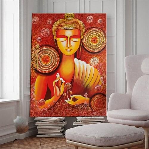 Religion Decor Buddhism Art Orange Buddha Poster And Prints Oil Painting On Canvas Wall Art Picture For Living Room Home Decor