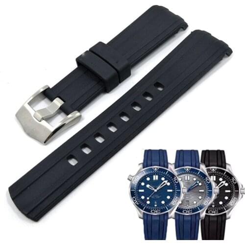 20mm Curved End Rubber Watch Strap for Omega Seamaster 300m Waterproof Diver Commander 007 Black Blue Watchbands Belt Bracelets