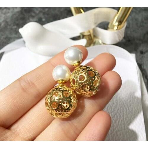 AAA Quality Elegant Hollow Ball Pearl Earrings Pink White Double Side Sphere Style Stud Earrings For Women Fine Jewelry