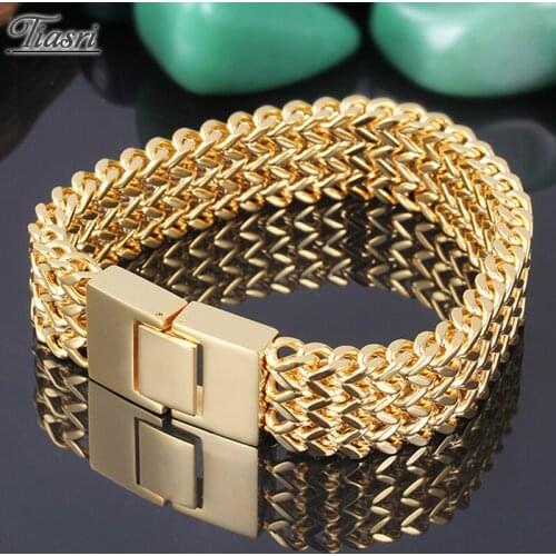 Tiasri 18mm wide Gold Color 316L Stainless Steel Solid Figaro Chain Bracelet Mens Fashion Jewelry Three-ply Braiding Process