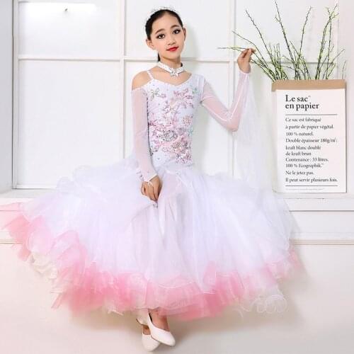 High Quality Rhinestone Ballroom Dance Dress Girls Standard Waltz Tango Clothing Child Big Hem Flamenco Performing Wear DWY2167