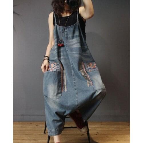 Autumn Jumpsuits Women Retro Large size Rompers New Loose Denim Jumpsuits Vintage pocket Female Casual Denim Jumpsuits 2018