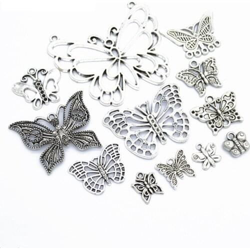 12pcs/lot Tibetan Antique Silver Color Mixed Alloy Butterfly Charm Pendant for European DIY Bracelet Necklace Jewelry Making