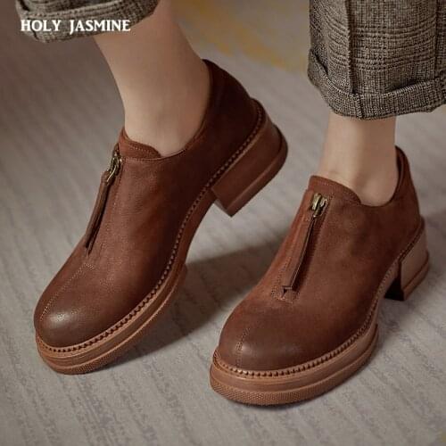 2021 New Flat Shoes Women Pumps Genuine Leather Round Toe Ladies Casual Shoes Spring Autumn Single Shoes Black Platform Shoes