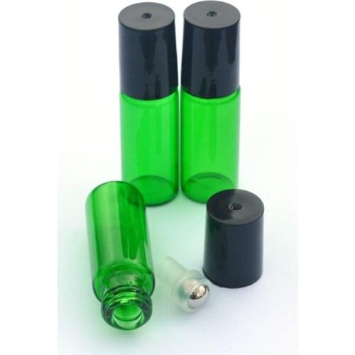 3pcs Refillable Mini 5ml Green Roll Bottle Essential Oil Perfume Sample Roller on Glass Bottle With Black Plastic Cap