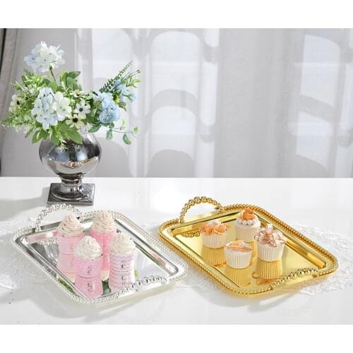 42*28cm rectangle gold/silver metal serving tray with bead around dessert tray dish cake stand with handle gloss silver FT028