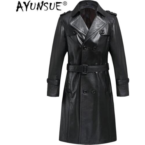 AYUNSUE Genuine Leather Jacket Sheepskin Long Coat Korean Slim Windbreaker Leather Coat Chaqueta Cuero Hombre FI008S YY1358