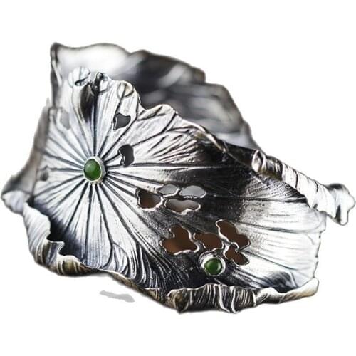 KJJEAXCMY Boutique jewelry 999 Thai silver hand decorated foot silver jewelry hand exaggerated lotus leaf Hotan Jasper bracelet