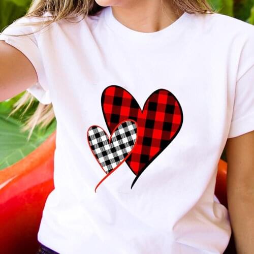 Valentines Day Plaid Heart Colored Printed 100%Cotton Womens T Shirt Valentines Day Spring O-Neck Pullovers Short Sleeve Tops