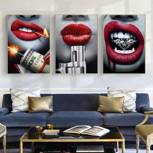 Blood Red Lipstick Sexy Lip With Gun And Money Fashion Canvas Art Painting Modern Wall Decor Poster And Prints For Room Decor