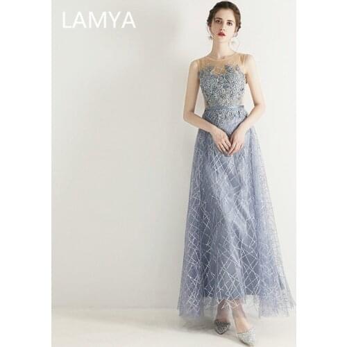 LAMYA Luxury O Neck Long Evening Dresses Banquet Elegant Appliques Party Prom Gown Robe De Soiree Women Plus Size A Line Dress