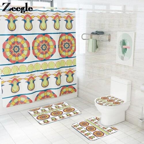 Waterproof Shower Curtain Bathroom Carpet Rug Print Bath Mat Set Home Decor Toilet Seat Cover Mat and Non-slip Floor Mats Set