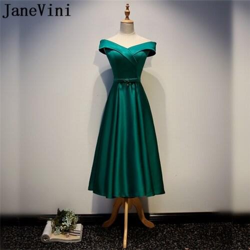 JaneVini Green Off Shoulder Mother Of The Bride Groom Dresses Gorgeous A Line Tea-Length Satin Evening Wedding Dresses Mother