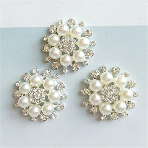 SEA MEW 10 PCS 3.3cm Fashion Metal Alloy Silver Color Crystal Rhinestone Pearl Flowers Connectors Charm For Jewelry Making