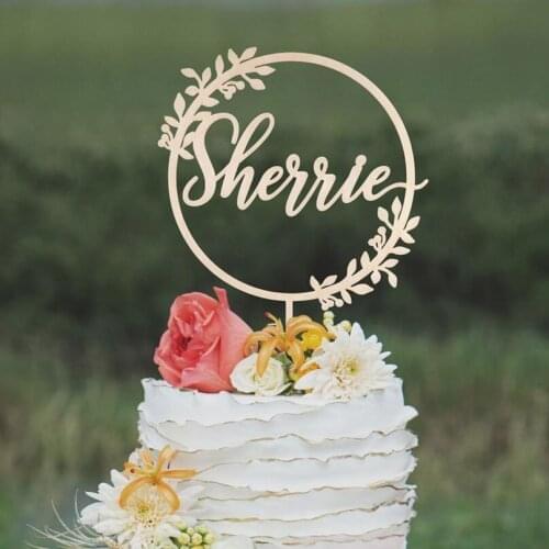 Custom Name Wreath Wooden Cake Topper, personalized birthday cake topper wedding party baptism cake decoration customized text