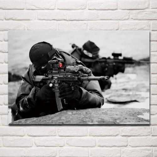 Aiming army soldier rifle black and white monochrome KB398 living room home modern art decor wood frame poster