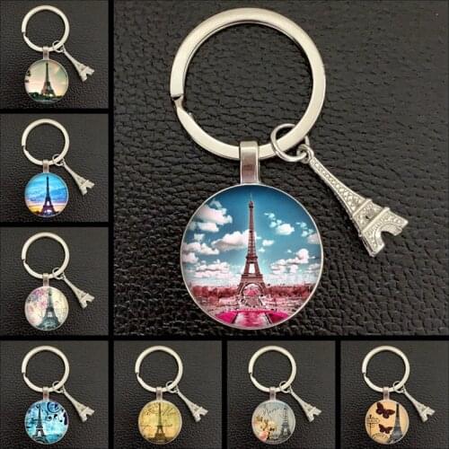Romantic Paris Eiffel Tower Key Chains Art Lady Wander Drawing Design Glass Pendant Cute Keychain Keyring Women Bag Jewelry
