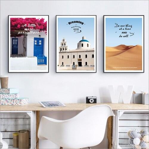 Romantic Mediterranean Building Canvas Scenery Painting Flower Quotes Poster and Print Modern Living Room Wall Art Picture Decor