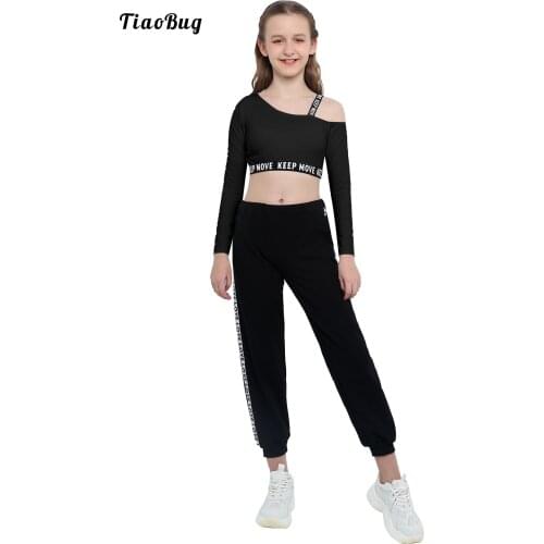 4-16 Kids Girls Sport Suit Asymmetric Shoulder Long Sleeve Letters Printed Sportswear Midriff-Baring Tracksuit Pants Set