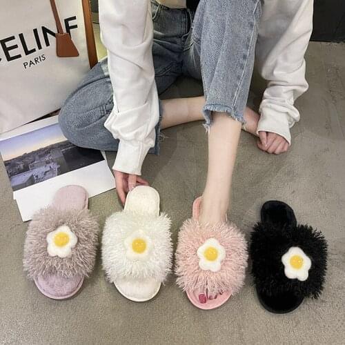 Winter Women House Slippers Faux Fur Fashion Warm Shoes Flower Slip On Flats Female Slides Black Cozy Home Furry Slippers