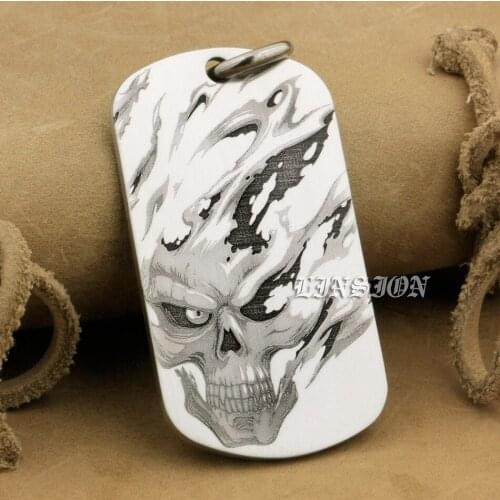High Detail Laser Deep Engraved 316L Stainless Steel Fire Skull Mens BoysEngraving Steel Gift Punk Pendant Dogtag DIY 9X113 JP
