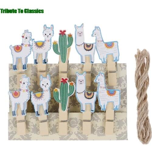 10pcs Llama Cactus Wooden Clips Photo Paper Clothespin Craft Clips Tropical Alpaca Party Home Decoration Clip With Hemp Rope