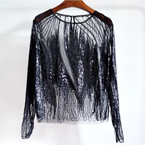 2018 Womens Fashion O-Neck Long Sleeve Perspective Mesh Lace Tops Beading Sequins Blouse Tops Women 2Color