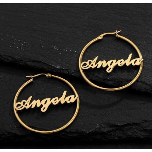 NEULRY Fashion Trendy Women Name Letters Round Customized Earrings Personalized Stainless Steel Gold Jewelry Girls Presents