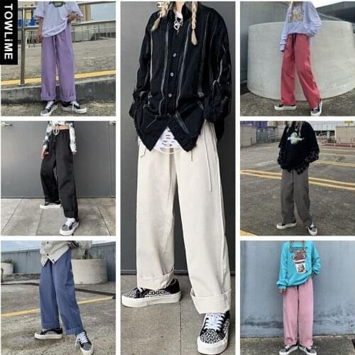 Womens High Waist Straight Full-Length Pants 2021 Fashion Casual Loose Solid Color Trousers Men Harajuku Streetwear Pantaloons