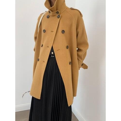 High-end British temperament double-breasted mid-length double-sided cashmere coat woolen coat female Korean version 21 new