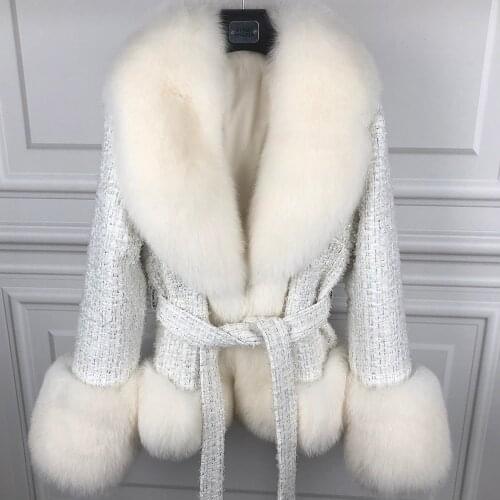 YOLOAgain Women Real Fox Fur Collar Wool Coat With Belt Ladies White Fur Jacket Overcoat