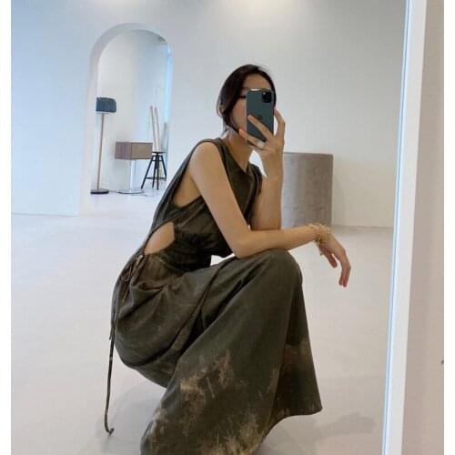2021 Korean Elegant Dress Women Fashion Vintage O-neck Sleeveless Show Waist Party Banquetwear Summer Print Slim Maxi Dress