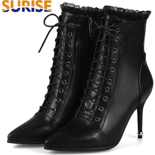 Winter Women Ankle Boots High Spike Heel Pointed Toe Black White Casual Office Lady Zipper Lace Thin Stiletto Short Martin Boots