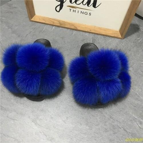 2020 Hot Sale Fur Slippers Slides Womens Real Whole Fox Fur Balls Slippers Open Toe Fluffy House Slides Outdoor Party