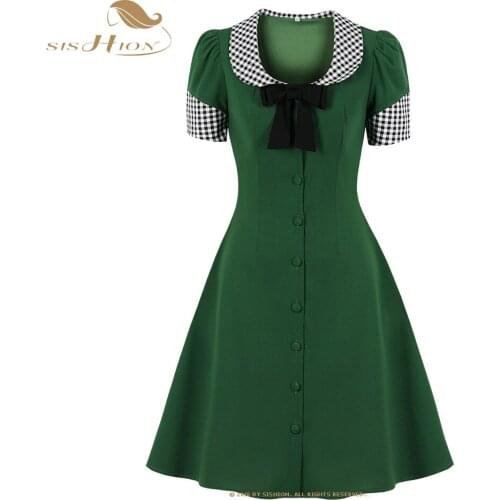 50s 60s Vintage Square Collar Retro Dress Robe Femme VD2060 Short Sleeve Christmas Party Green Dresses 2021