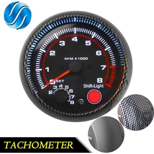 Car Gauge 3.75 Inch 95mm Tachometer for White Color LED Car Meter 12V Auto Gauge [Carbon Fiber or Black Color] TAC 0-8000 RPM