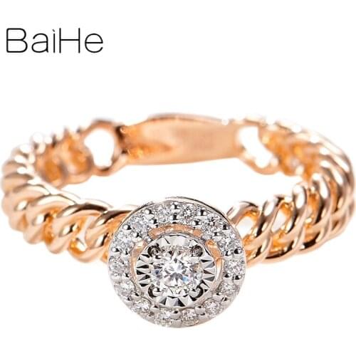 BAIHE Solid 14K Rose+White Gold 0.11ct H/SI Round Natural Diamonds Wedding Fine Jewelry Gift Beautiful Round diamond Ring