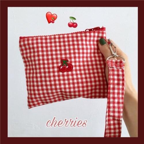 Cherry Embroidery Red Lattice Pencil Case Coin Purse Hanging Bag Clutch Bag Coin Purse Storage Bag Cute Small Bag Carrying Case