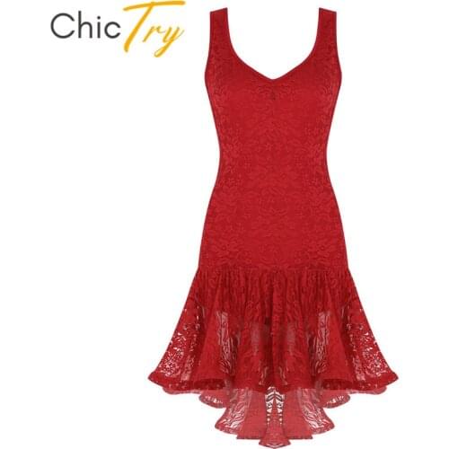 ChicTry Women Latin Dance Dress Scoop Neck Ruffle Lace High Low Ballroom Samba Tango Salsa Stage Performance Costume Dancewear