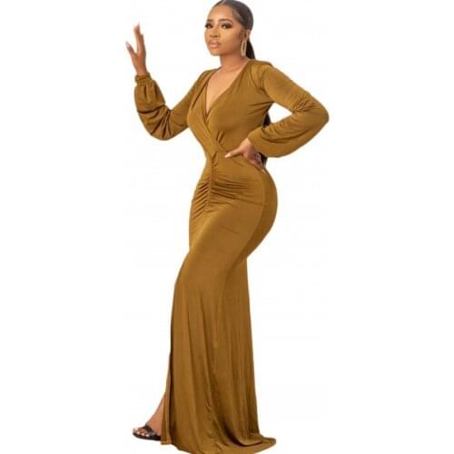 Long African Dresses For Women V Neck Lantern Sleeve Robes 2021 New Fashion Solid Color Slim Draped African Maxi Dress Vestidos