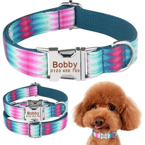 AiruiDog Blue Green Personalized Dog Nylon Collar Engraved Pet Name Small Medium Large XS