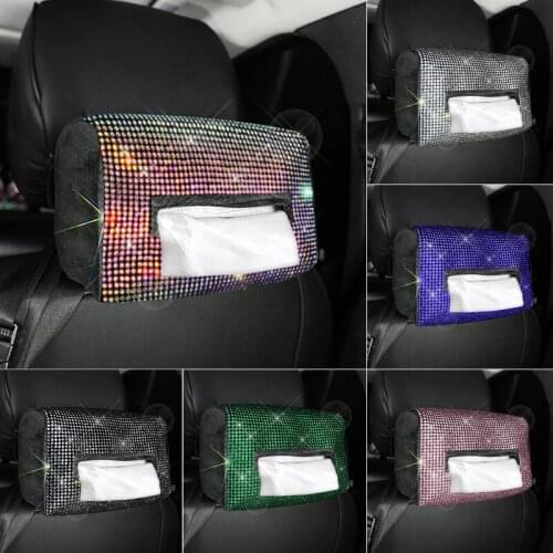 Car Tissue Box Holder Sun Visor Soft Plush Decorative Crystals Diamond Seat Back Towel Cover Case Auto Interior Accessories