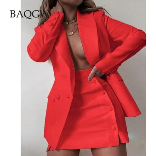 Fashion Women Streetwear Candy Colour Basic Blazer Sets Coat + Side Buttons Skirt Slim Suit Jacket Suits Office Lady Sets S-XXL
