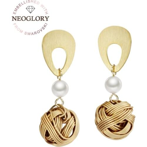 Neoglory Simulated Pearl Dangle Geometric Earrings Gold Color Ball Elegant Anomalistic Style For Girl Party Summer Metal Gift