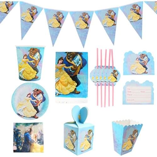 Beauty And Beast Disney Princess Theme Party Disposable Tableware Birthday Decorations Supplies Baby Shower Girls Favors Set
